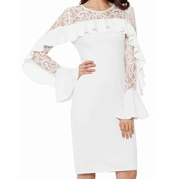 Betsy & Adam White Lace Ruffle Sheath Dress 2 Bridal Cocktail Wedding Guest - Picture 2 of 9